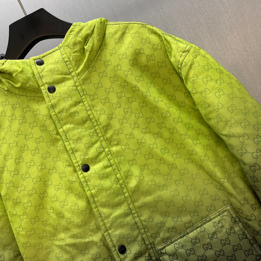 Lime green hooded jacket back panel with GG pattern and snap placket