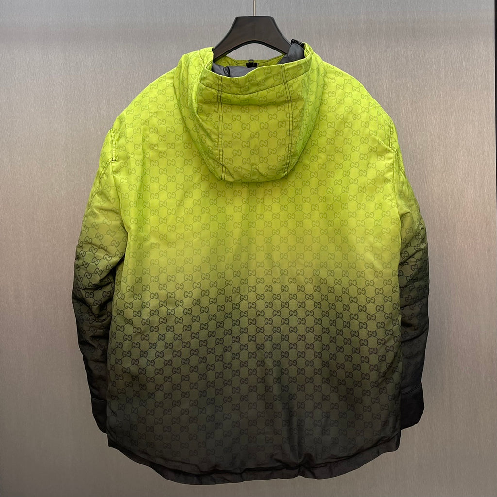 Lime green hooded jacket with GG pattern and dark gray lower sleeves