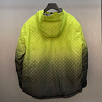 Lime green hooded jacket with GG pattern and dark gray lower sleeves