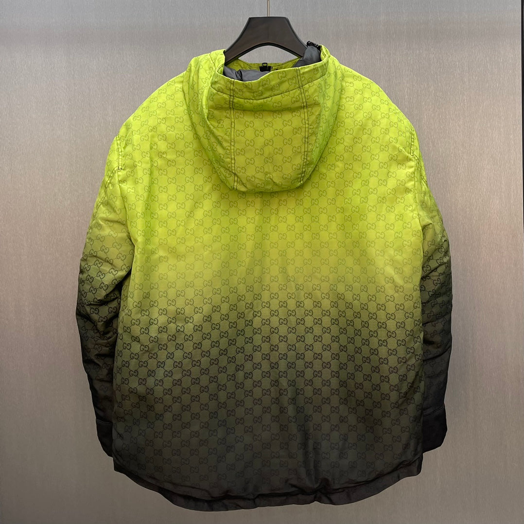 Lime green hooded jacket with GG pattern and dark gray lower sleeves