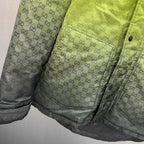 Gray and lime green hooded jacket with GG pattern and snap-button trim