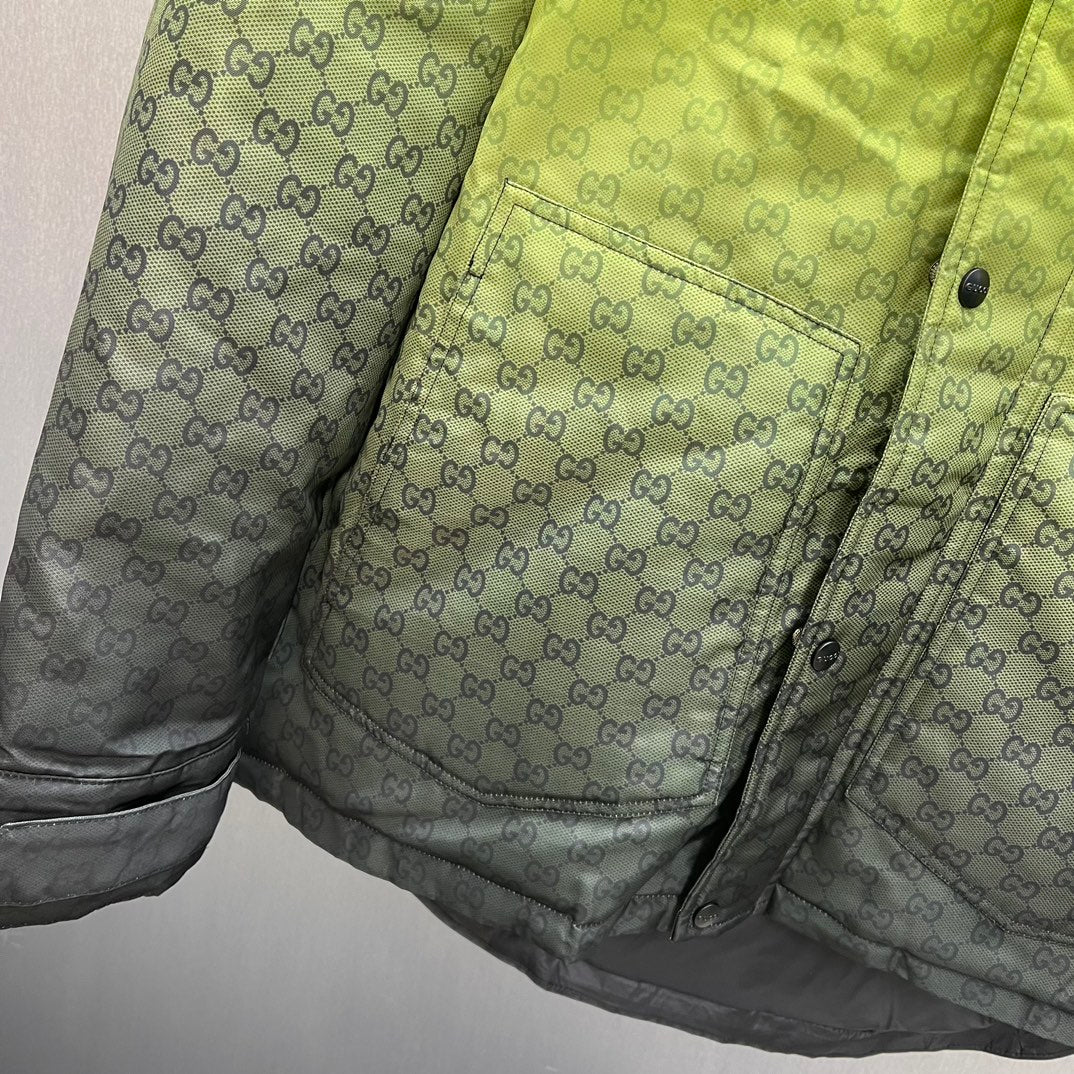 Gray and lime green hooded jacket with GG pattern and snap-button trim