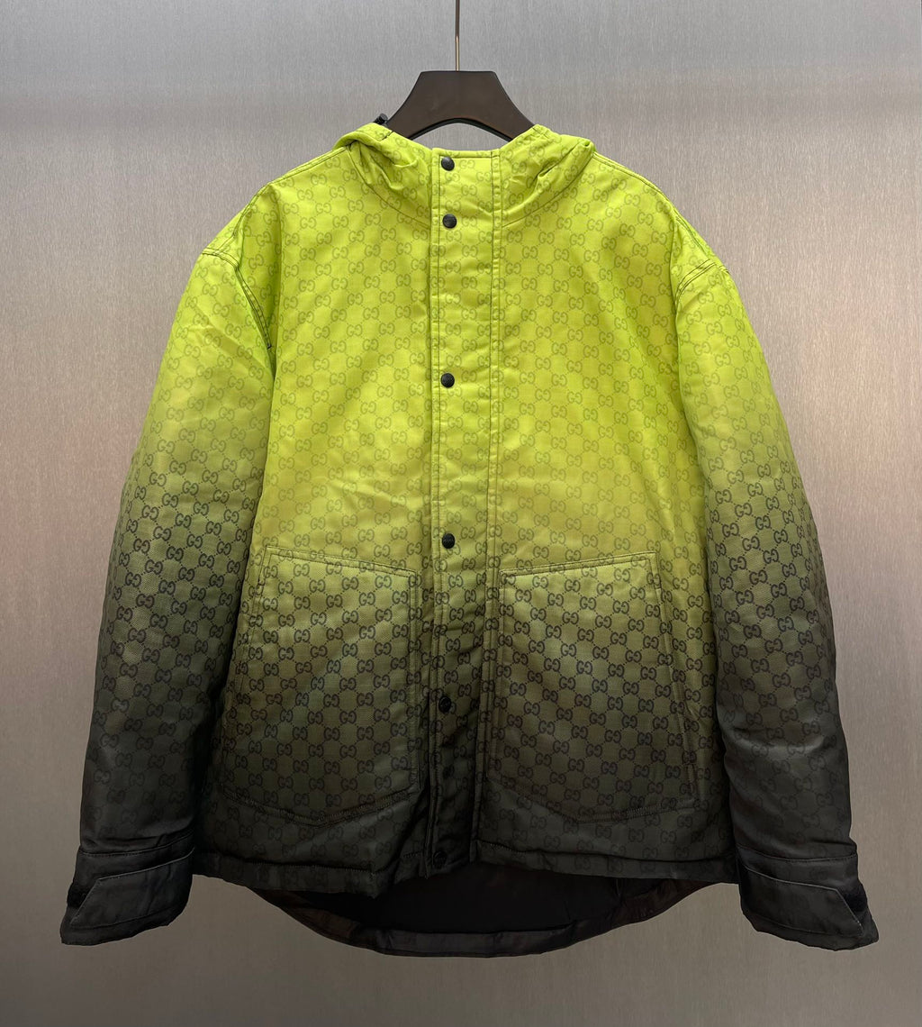 Lime green hooded jacket with GG pattern, snap front, and dark gray lower panels