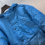 Gucci hooded puffer jacket, blue GG logo pattern, double-layer hood