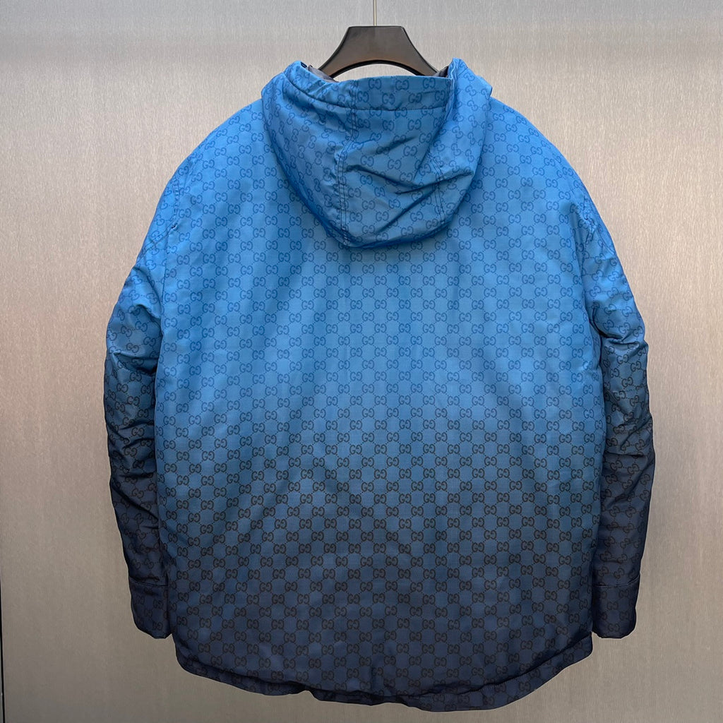 Gucci hooded puffer jacket, blue GG logo pattern, full back view