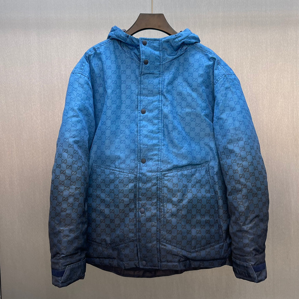 Gucci hooded puffer jacket, blue GG logo pattern, button front