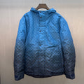 Gucci hooded puffer jacket, blue GG logo pattern, button front