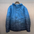 Gucci hooded puffer jacket, blue GG logo pattern, button front