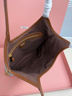 Patchwork tote bag open top with zip pocket lining, brown interior