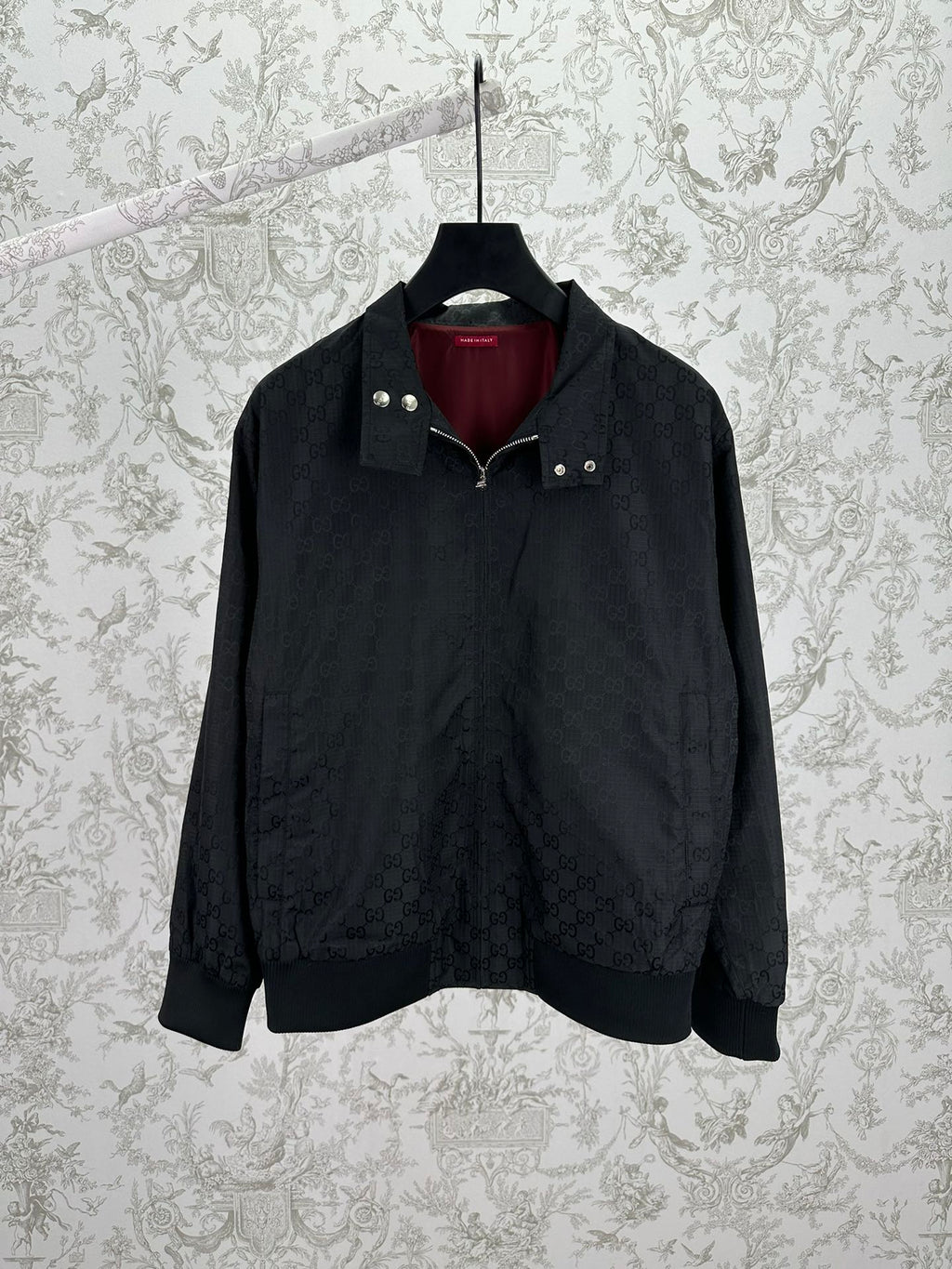 Gucci dark GG-pattern jacket with snap collar, full zip front, metal buttons