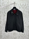 Gucci dark GG-pattern jacket with snap collar, full zip front, metal buttons