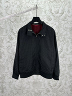 Gucci dark GG-pattern jacket with snap collar, full zip front, metal buttons