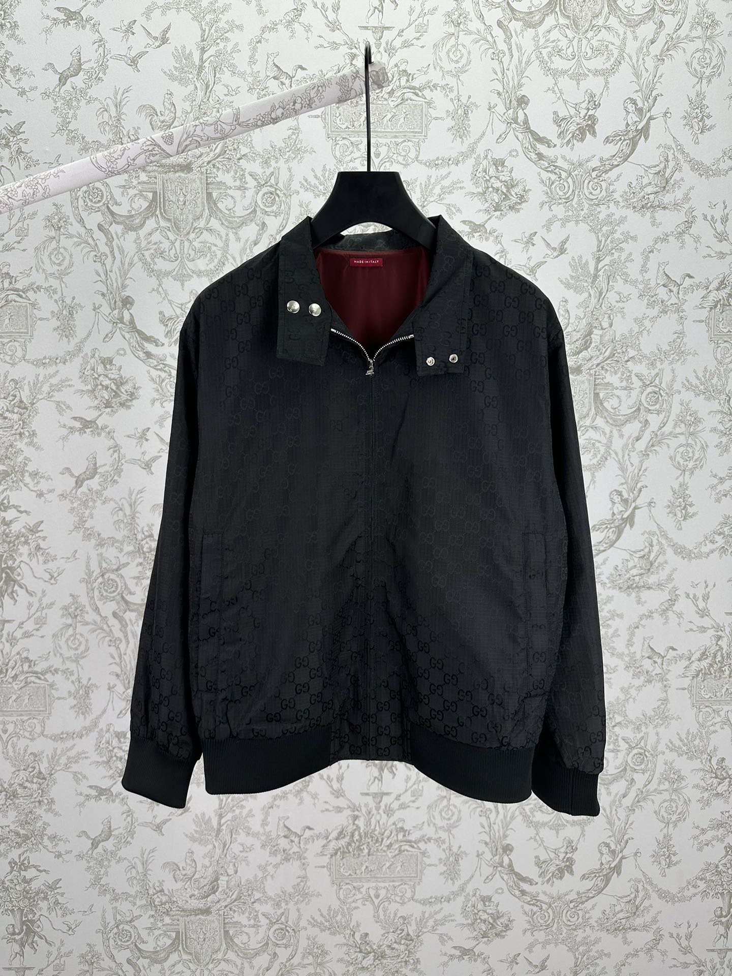 Gucci dark GG-pattern jacket with snap collar, full zip front, metal buttons