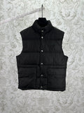 Prada sleeveless black puffer vest with button front and stand collar