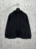 Hooded puffer jacket with front zipper, dark color, long sleeves