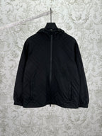 Hooded puffer jacket with front zipper, dark color, long sleeves