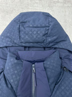 Long hooded puffer jacket detail with front zipper, dark blue