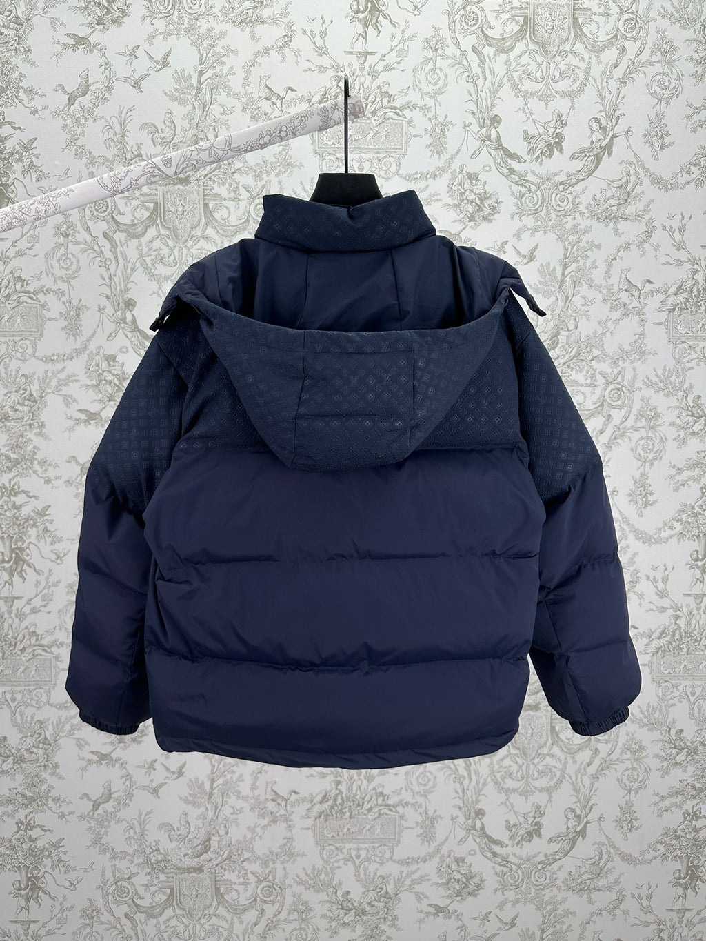 Long hooded puffer jacket with drawstring hood, dark blue