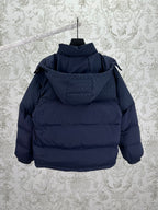 Long hooded puffer jacket with drawstring hood, dark blue