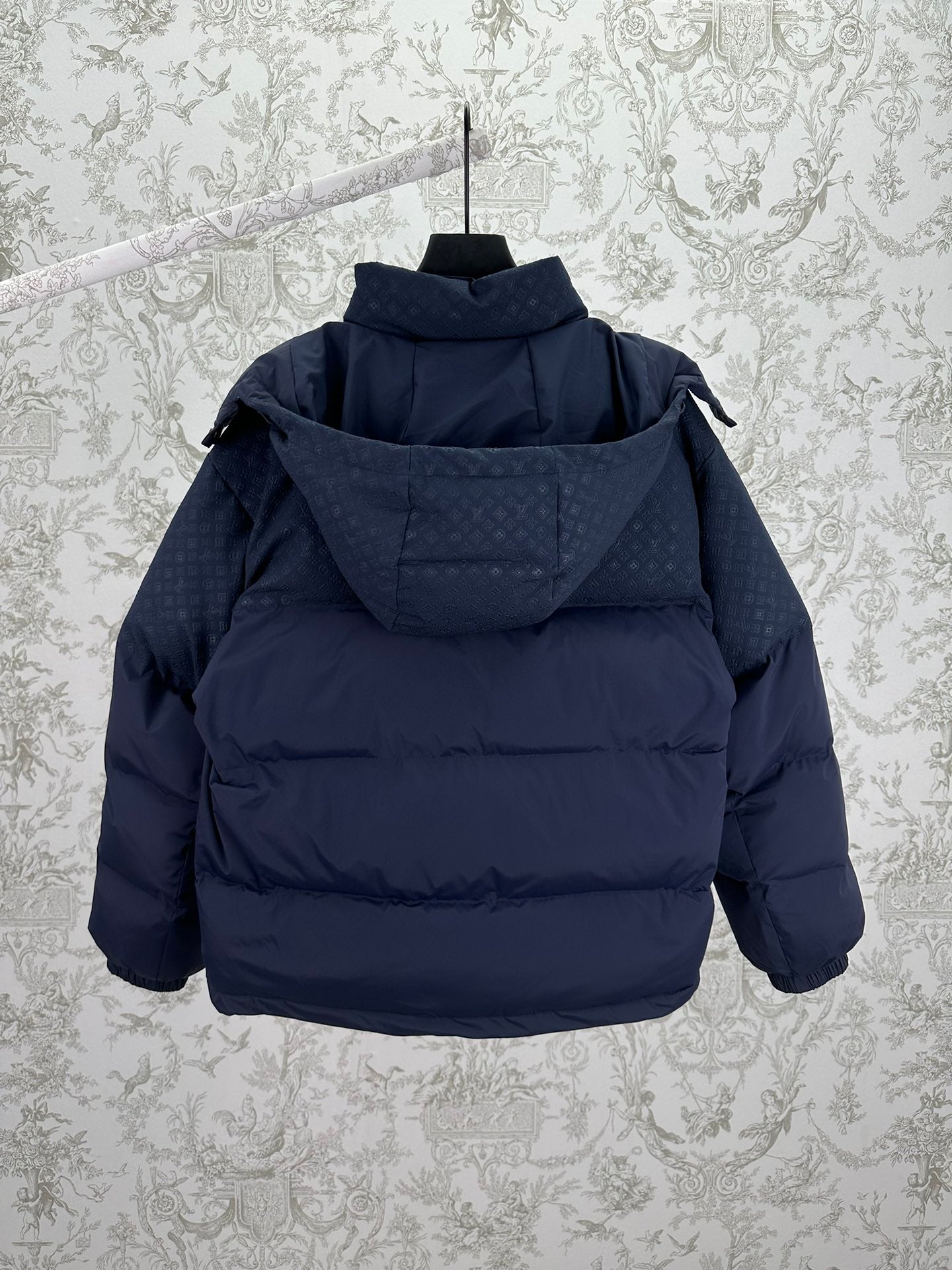Long hooded puffer jacket with drawstring hood, dark blue