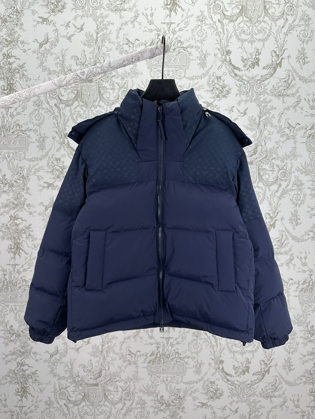 Long puffer jacket with full-length zipper and stand collar, dark blue