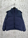 Long puffer jacket with full-length zipper and stand collar, dark blue