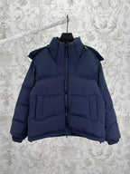 Long puffer jacket with full-length zipper and stand collar, dark blue