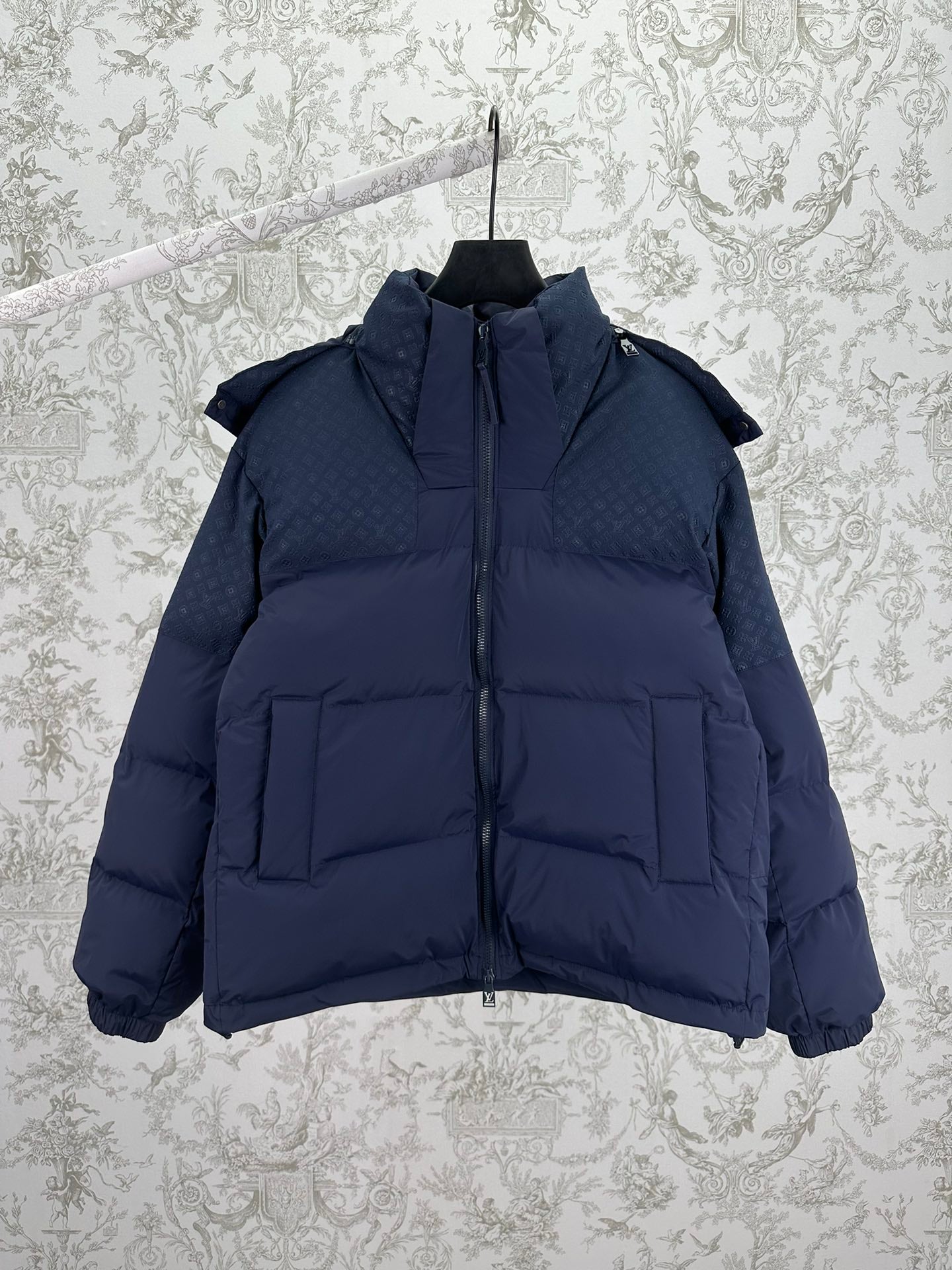 Long puffer jacket with full-length zipper and stand collar, dark blue