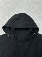 Dark hooded jacket with front zipper and adjustable draw cords