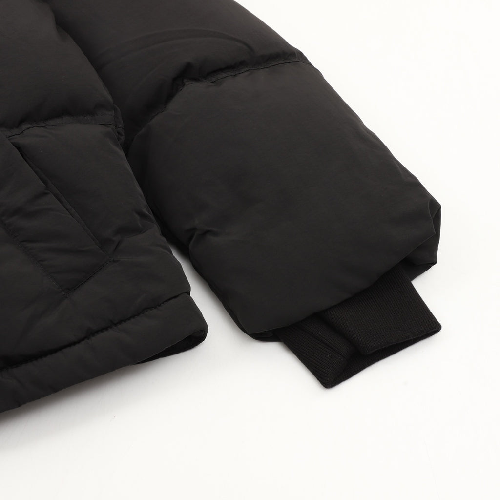 Black puffer jacket sleeves and cuffs, padded quilted construction