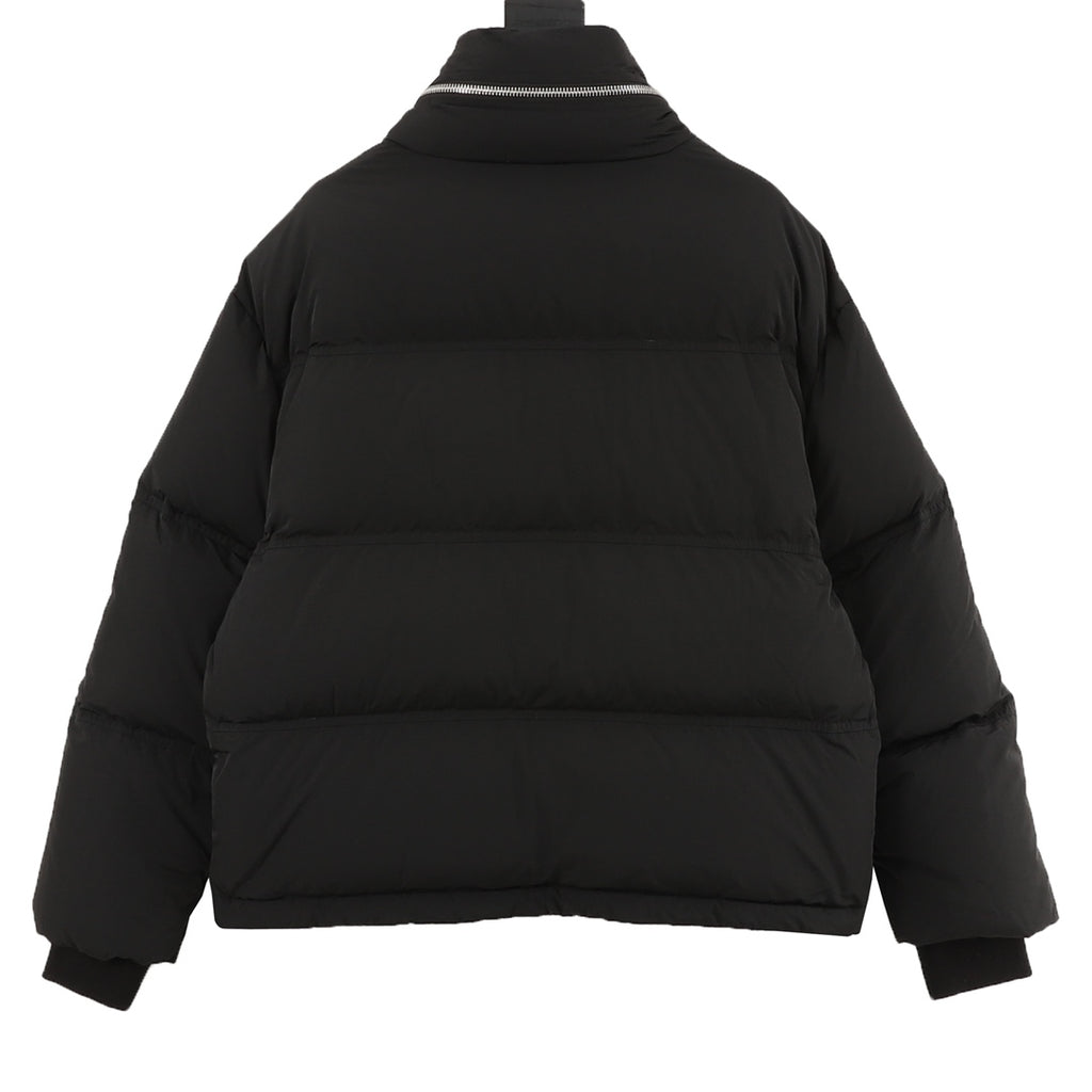 Black puffer jacket back view with hood and quilted insulation