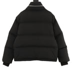 Black puffer jacket back view with hood and quilted insulation