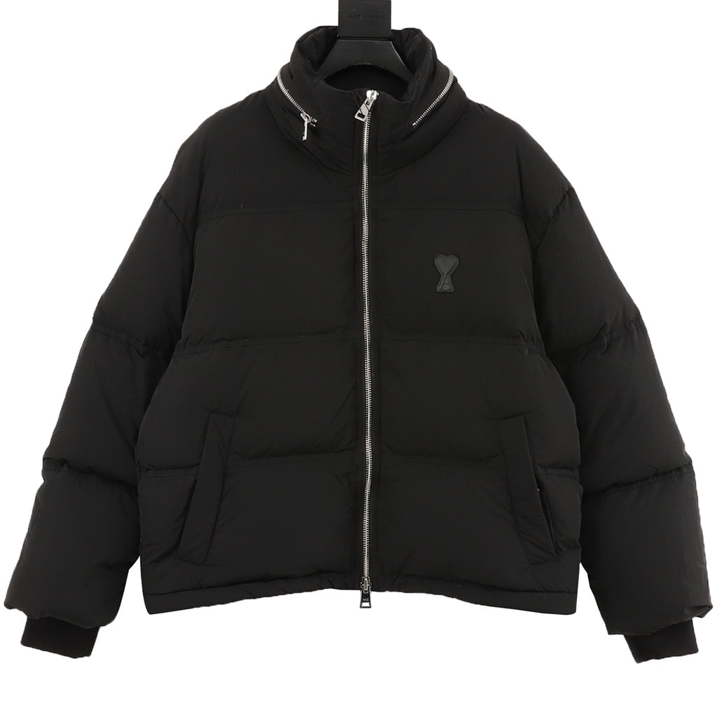 Black puffer jacket with hood, zip front and silver logo at chest