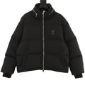 Black puffer jacket with hood, zip front and silver logo at chest