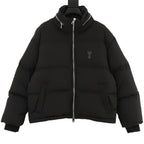 Black puffer jacket with hood, zip front and silver logo at chest