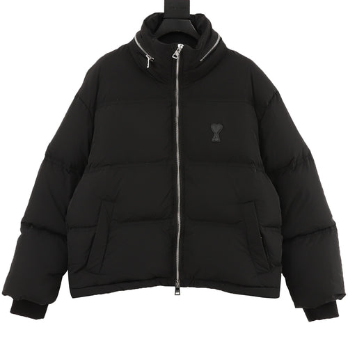 Black puffer jacket with hood, zip front and silver logo at chest