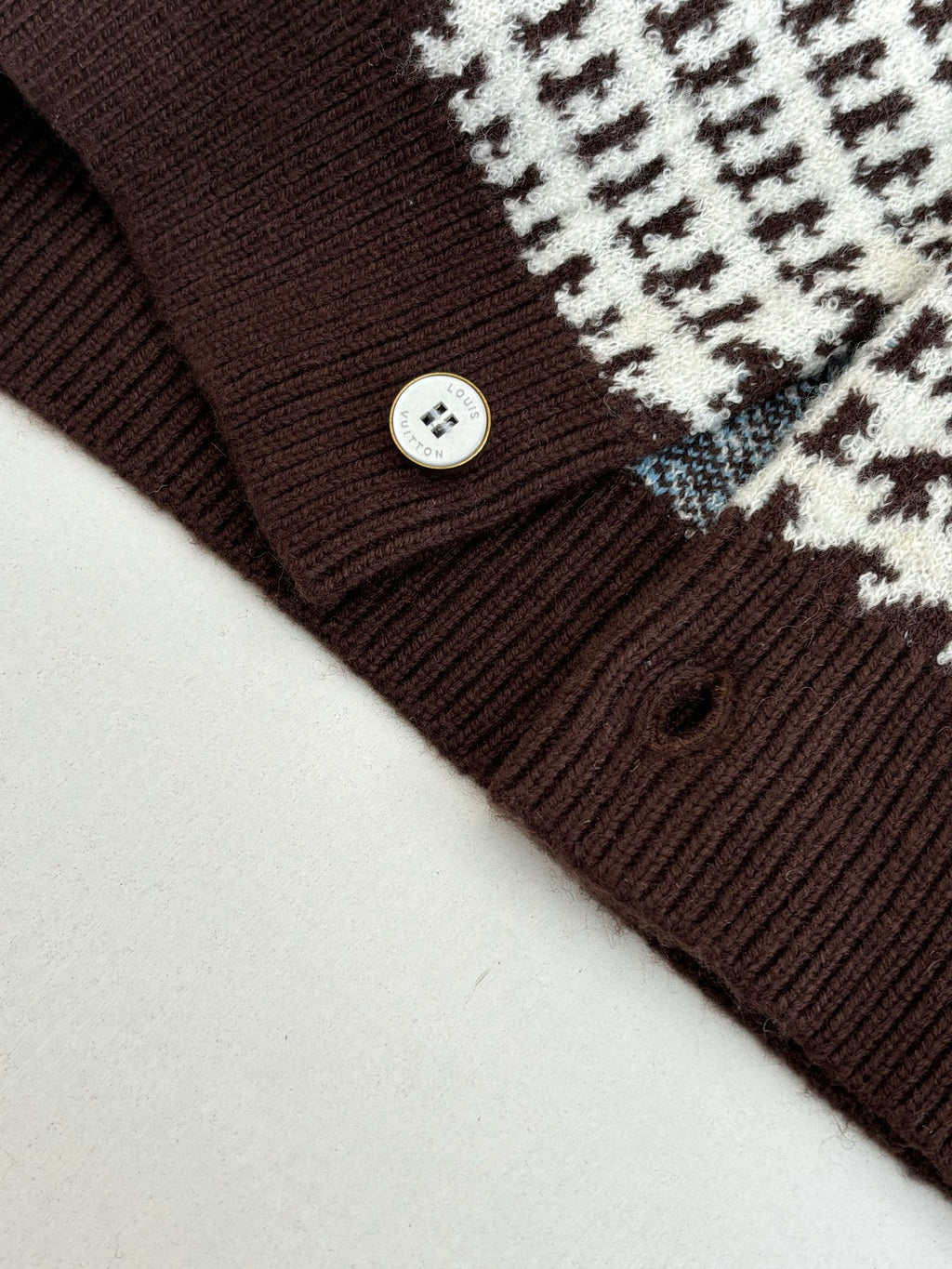 Close-up of ribbed knit collar and button on check-pattern cardigan