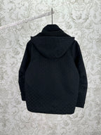 Gucci hooded long jacket back view, dark with allover GG pattern and hood