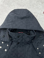 Gucci long jacket interior hood and snap buttons, dark with GG monogram pattern