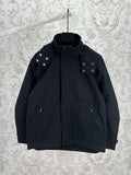 Gucci hooded long jacket, dark with studded shoulders and front zip closure