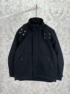 Gucci hooded long jacket, dark with studded shoulders and front zip closure
