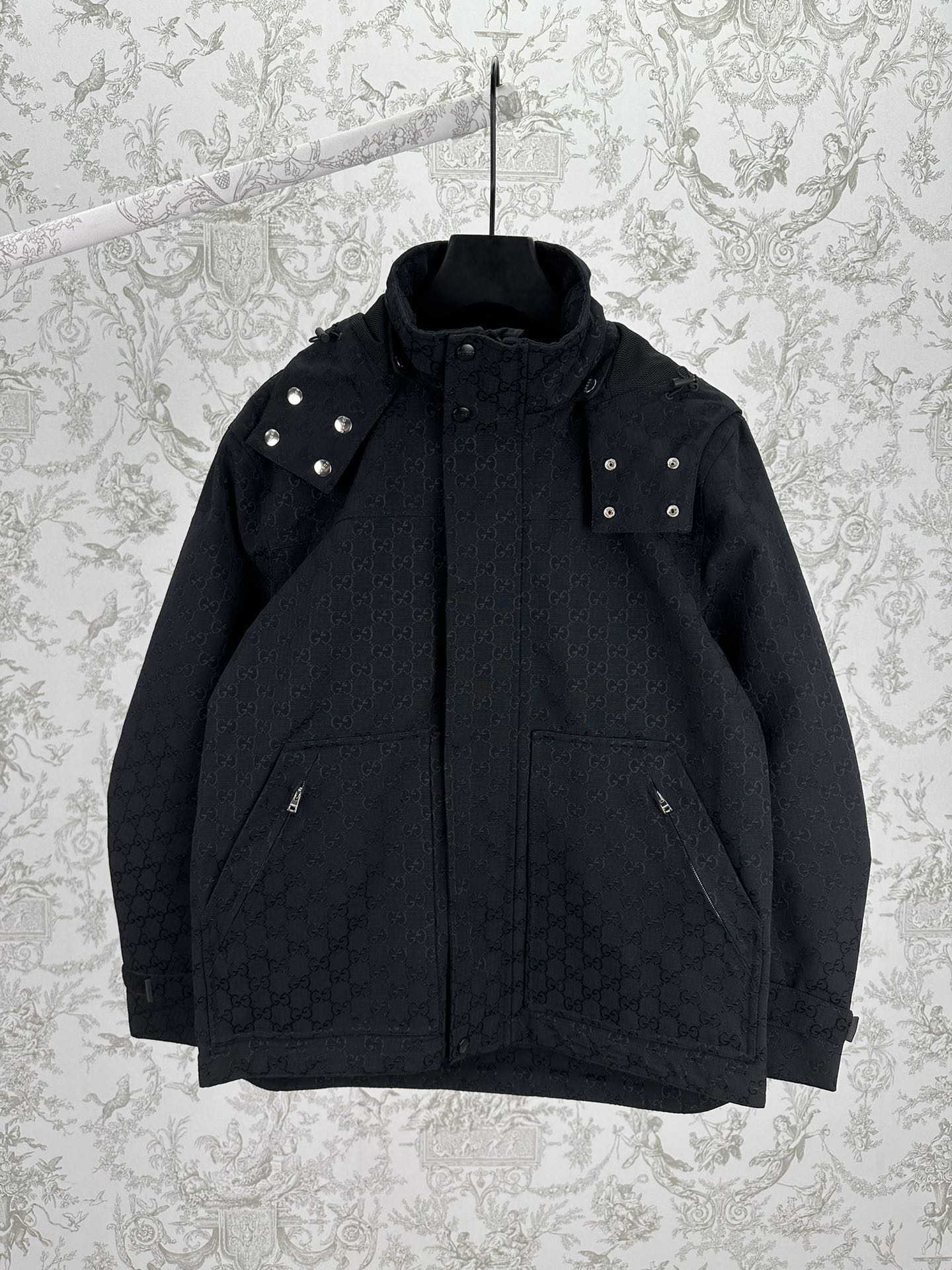 Gucci hooded long jacket, dark with studded shoulders and front zip closure