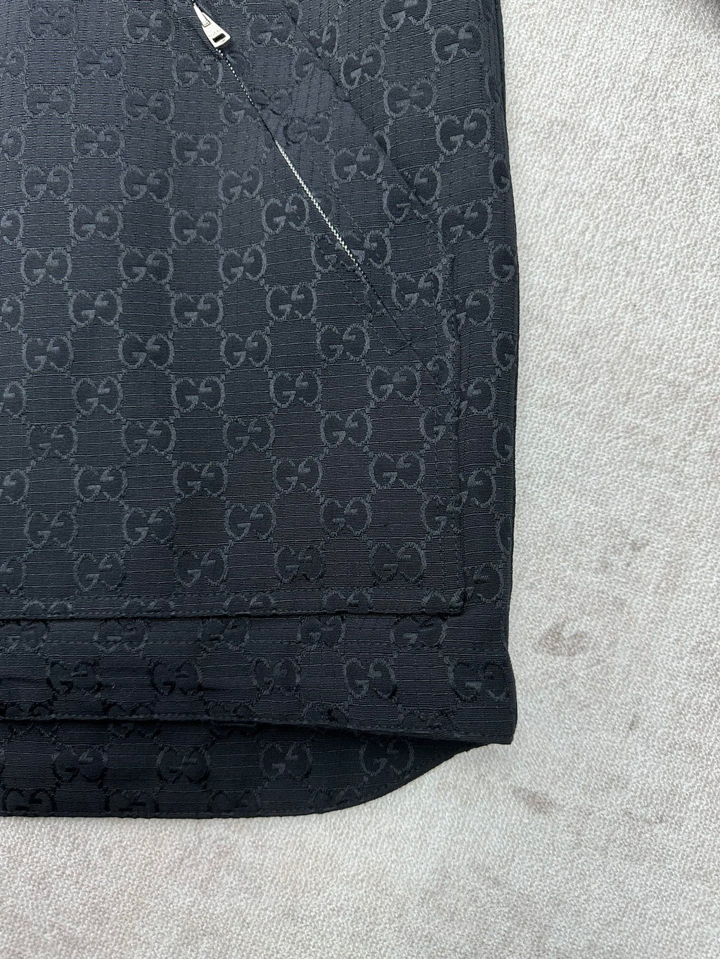 Gucci long jacket sleeve hem detail, dark with GG pattern and cuff stitch