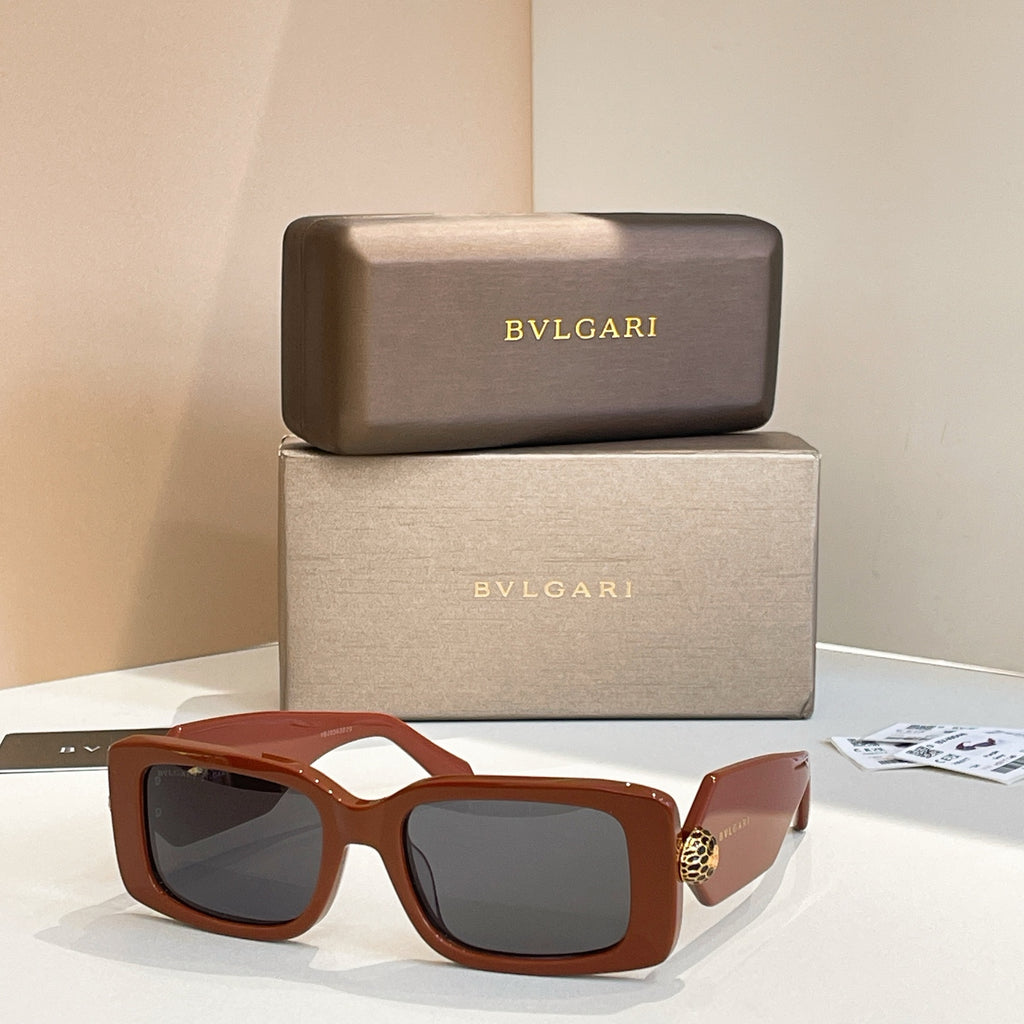 Brown sunglasses with gold screws; temple text reads Bvlgari, Made in Italy