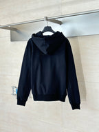Dior long-sleeve hoodie in dark navy, back view with hood and drawstrings