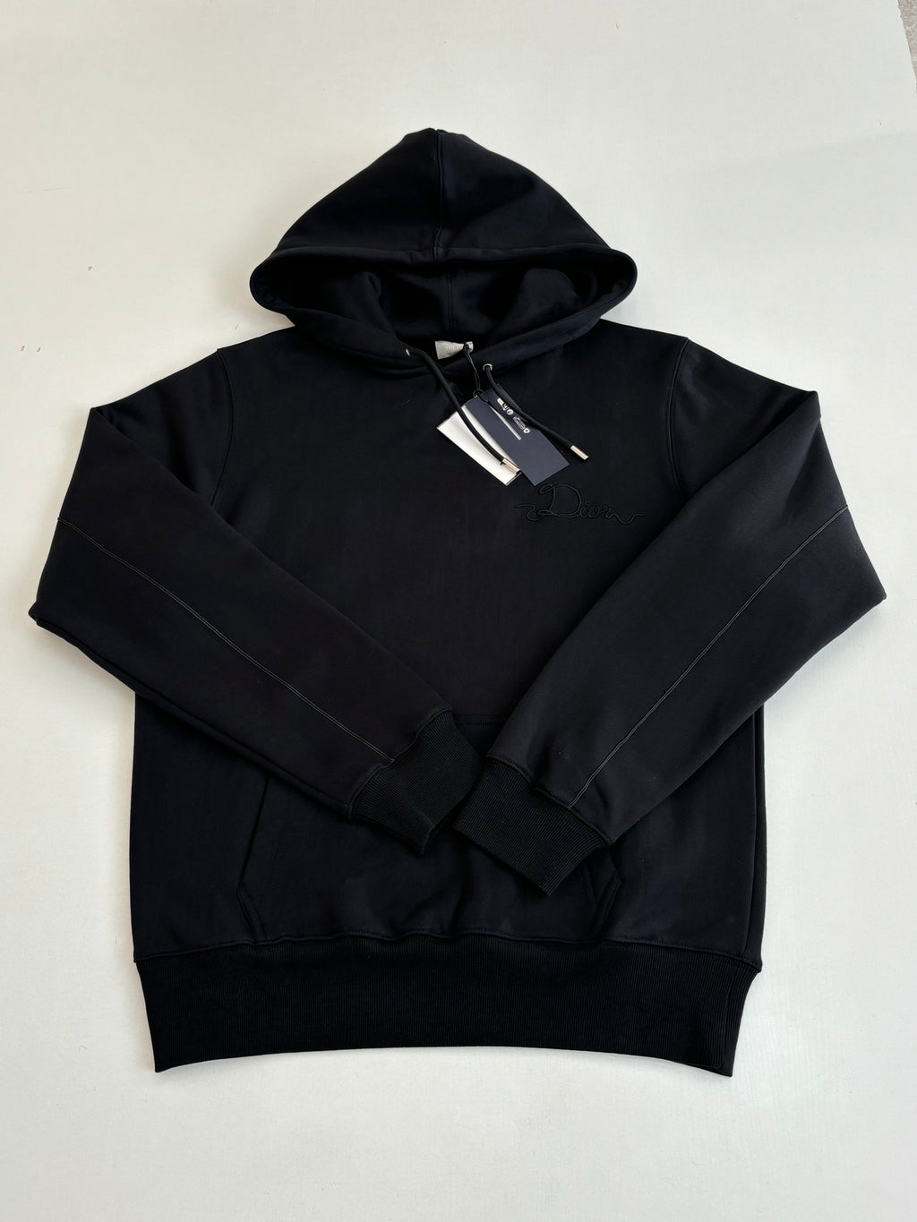 Dior long-sleeve hoodie in black with hood, drawstrings, and kangaroo pocket
