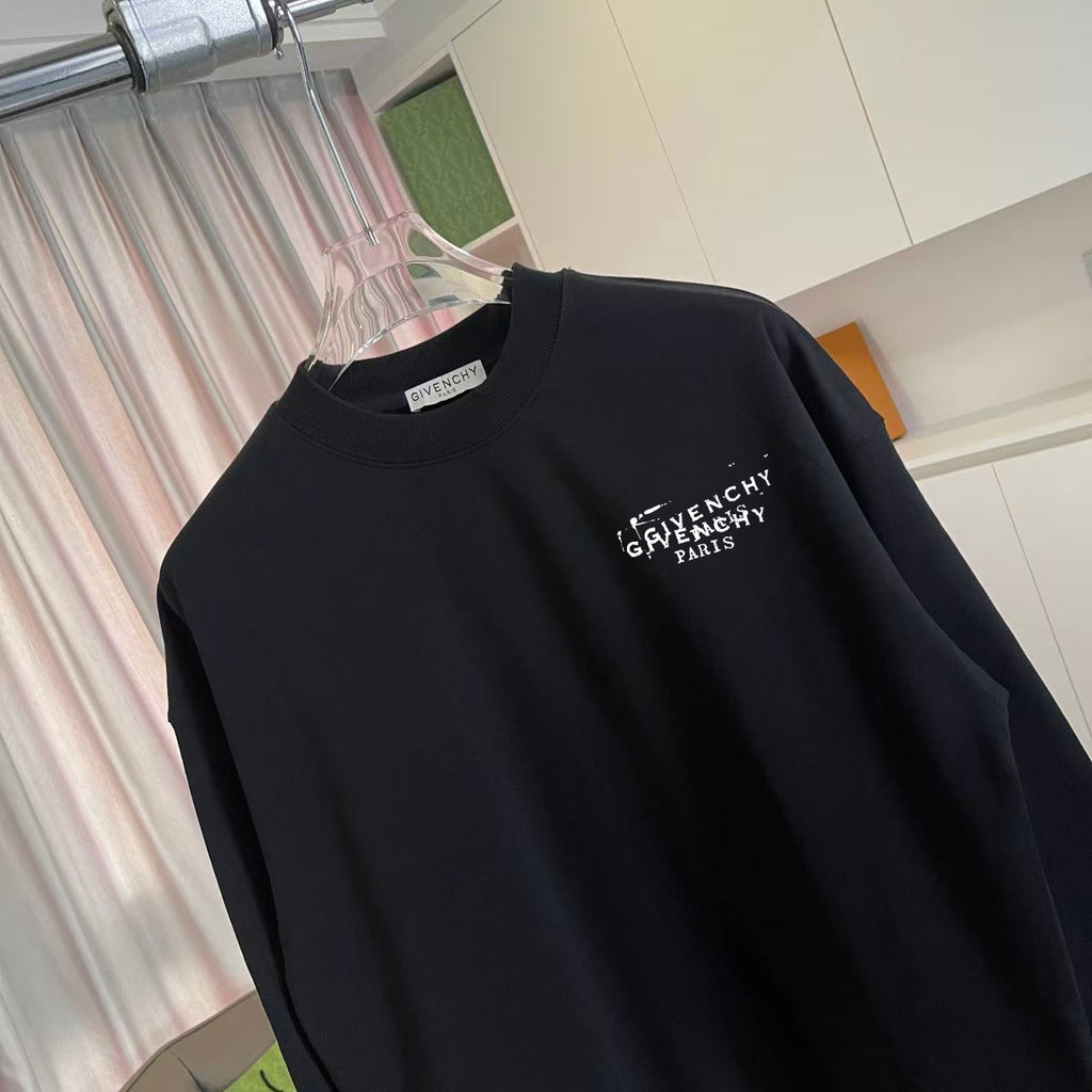 Black crewneck sweatshirt with small Givenchy Paris logo at chest
