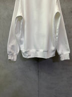 White crewneck sweatshirt, back view showing side hem and cuffs
