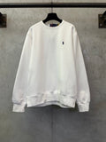White crewneck sweatshirt with small Polo logo on the chest