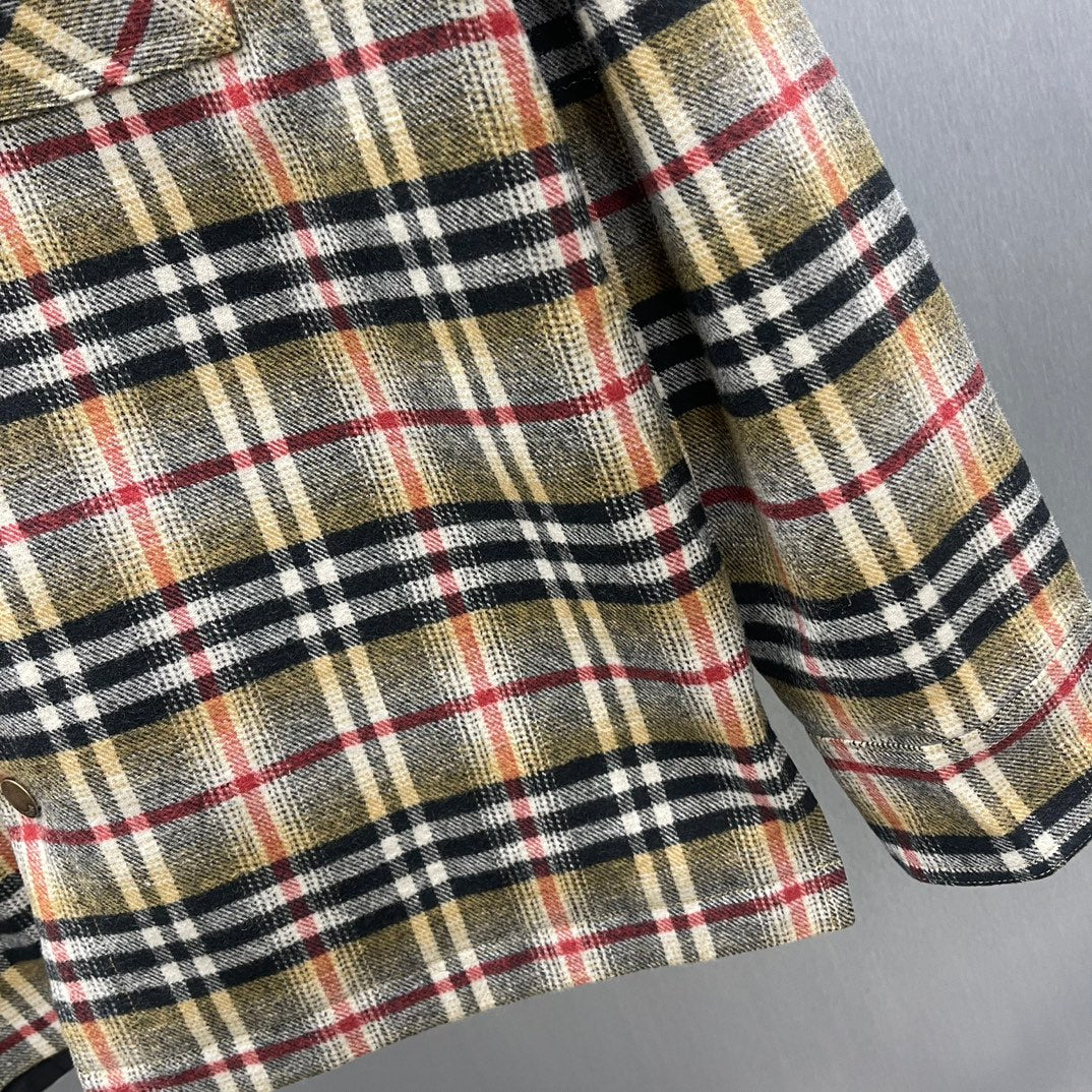 Burberry plaid overshirt pocket and buttoned front placket detail